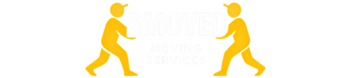 BMOVED Moving Services logo featuring two yellow figures moving a white block with text, representing professional movers in Toronto and the GTA.